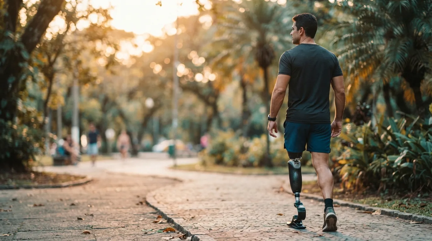 Homem caminhando com prótese em um parque ao entardecer