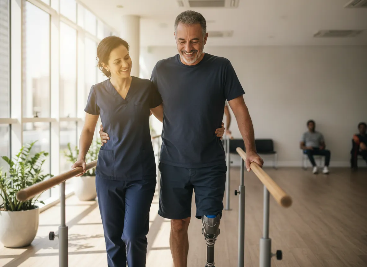 Fisioterapeuta apoiando paciente no treino de marcha com prótese
